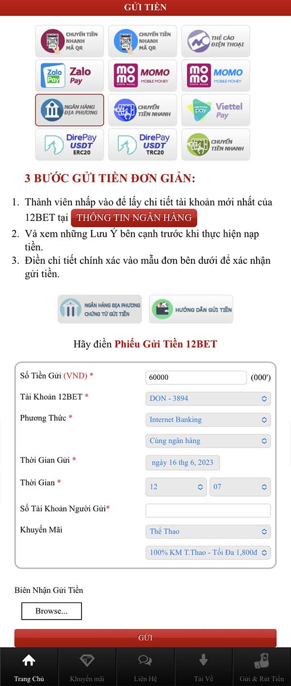 gửi tiền 12bet